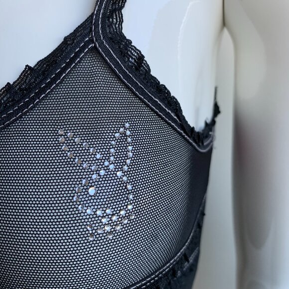Playboy black stretchy mesh lingerie cami top with  crystal bunny - Picture 4 of 5